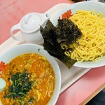 ラーメン山岡家 - 辛味噌つけ麺〜うすめ+ほうれん草+黒バラのり+背脂多め