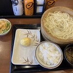 丸亀製麺 - 釜揚げうどん、小ライス、玉子の天ぷら