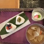 日本料理 隨縁亭 - だて正夢（宮城サーモン山葵昆布和え、ばっけ味噌）、宮城はっと汁、ずんだプリン
