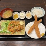 E, Yakiniku (Grilled meat) pork belly and fried large shrimp