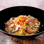 Carbonara with spicy cod roe and thick-sliced bacon