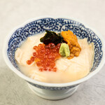 Yuba sashimi from Gifu prefecture topped with sea urchin ikura