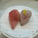 Hamazushi - 大切り中とろ食べ比べ　中とろ＆レアステーキ