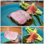 Refugeforestiere 五島 - ＊豚肉は塩漬けの桜の葉で寝かせることで、お肉がしっとり柔らかくなるそう。 ナイフがスッと入る柔らかさで、美味しいですね。 ＊ヤングコーンは蒸して、生ハムが巻かれています。この一手間でコーンがより上質に。