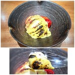 Refugeforestiere 五島 - ＊最後にバーナーで炙ることで、カスタードクリームとバニラアイスが馴染み、いいお味に。 苺も甘いですね。