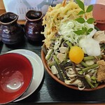 Sobadokoro Furusato No Kusabue - かき揚げのほか、山菜、とろろ、おろし、くるみだれ、角煮、わかめ、ネギ、あんず…だったかと。