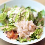 Red shrimp, cod roe, mayonnaise and avocado salad
