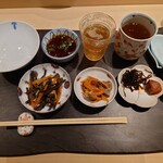 Fugu Take - 雑炊ランチより、小鉢二品 (手前左と中央)