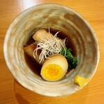 いざかや しん - リクエスト料理の豚の角煮、煮卵、菜の花です(o^^o)
