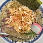 黒潮拉麺 - 焼豚煮干中華そば （醤油・こってり）　１２８０円 ＆ 辛ネギ　２２０円　(2024/04)
