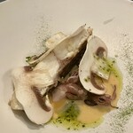 ブラッスリー リーヌ - 真鯛の下には厚めに切ってローストしたマッシュルームが敷かれている。ソースをたっぷり吸って贅沢な味わいに。トッピングには薄切りの生マッシュルームを、サラダのようにサッパリと。奥深いマッシュルームの世界