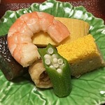 小文字 久芽乃 - 煮物　海老・蒟蒻・オクラ　白身魚南蛮漬け　出汁巻き玉子　