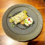 イル ネッビオ - 石見ポーク豚足と広島熟成鶏のテリーナ ピンクペッパー風味 ヨーグルトのエスプーマ　です(o^^o)