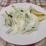 ニューホットマサラ - 周りの日本人には出てなかったからスペシャルをオーダーした人用かな？
      後から玉ねぎときゅうりとレモンが出てきました。
      コレがあるとないでは雲泥の差なんですよ。