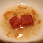 三谷 - 長崎産 唐墨 と 雲丹のスープ、　蒼斗七星　特別純米　うすにごり 無濾過　木槽搾りで　(2014/02)