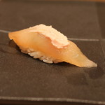 三谷 - 千葉 大原の かわはぎ の昆布〆（肝のせ）、　十四代　中取り純米　無濾過 本生 で　(2014/02)　