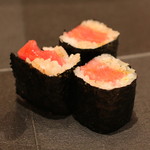 三谷 - 塩〆の鮪巻、　宮寒梅　純米大吟醸 ４０％　無濾過直汲　生 で　(2014/02)