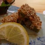 玄斎 - 新子と葉ごぼうの道明寺粉筏揚げ