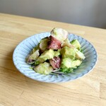 Octopus and avocado with wasabi and soy sauce