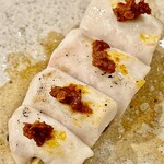 焼鳥 せきね - 自家製生七味でいただく笹身　少し辛いのに甘く感じる変化球系