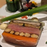 銀座 大石 - 野菜のテリーヌ。ほろ苦でコクの効いたジュレと優しい甘みの野菜達。サクラマスのコンフィはもっちり、脂は甘い。大好き！