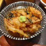 Tenkichiya - 玉ねぎとイカのかき揚げで天茶。ワサビときざみ海苔でサラサラおいしい！