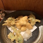 Tsuribune Kappou Mikawaya - フグ白子の天ぷら、蕗のとう、こごみ