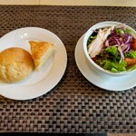 Himuka - 5月の月替わりランチ\1300　左:パン二種(or御飯)　右:冷麺のサラダ---鶏肉たっぷりで下に春雨---あっさり、さっぱりで美味しかった。