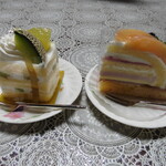 Antenoru - 2024年5月1日(水) メロンのショートケーキ(左)と桃のトルテ(右)。