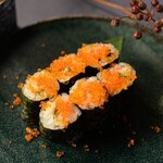 Mentaiko, smoked egg and flying fish roe rolls