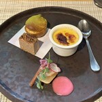 ビストロ セレニテ - 前菜盛り合わせ　帆立瞬間燻し、ヒラマサ生ハム、ミートローフナッツ焼き、グヂエール抹茶、マイスのブリュレ！！！爆ウマ