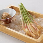 Seared horse mackerel with chili miso and Yanaka ginger