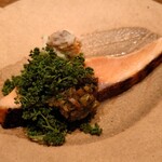 伯雲 - 桜鱒の炭火焼と浅蜊の出汁で炊いたおから