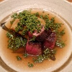 伯雲 - 岡山千屋牛（ちやぎゅう）のヒレ肉の炭火焼と泉州の水茄子の揚げ浸し