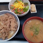 吉野家 新橋東店 - 牛丼並つゆぬき、生野菜サラダ・味噌汁セットのとん汁変更