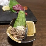 Aizubasashi Hakata Motsunabe Shouchan - お通しの肉味噌ピーマン