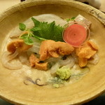 懐石料理 桝田 - お造り<カワハギ、白エビ、雲丹>