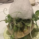 ルカンケ - 海水と出汁のメレンゲ、枝豆、空豆、グリンピースのサラダ、大葉とひじきのパウダー、大豆を発酵させた生地でフリットした地蛤