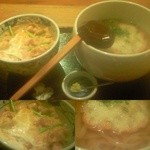 万平 - 親子丼とごぼう天うどんのセット。おだしの味も天ぷらの味もじんわり旨い