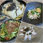 Yakitori Kinzan - 鶏そぼろサラダ・塩昆布キャベツ・鶏皮ポン酢・鶏生ハム