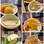 Kandukuri Sou - 小鉢はわらびのお浸し、タケノコの煮物、じゃがいも・蒟蒻・ニンジン・大根の煮物、の3種類。じゃがいもとこんにゃくがとんでもなく美味しい！(ﾟ∀ﾟ)
                      香の物は、カブとキュウリの糠漬け、青菜の浅漬け。