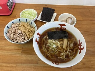 Koto ichi - 中華そば　チャーシュー抜き　あのご飯　ネギ　板海苔　端肉チャーシュー