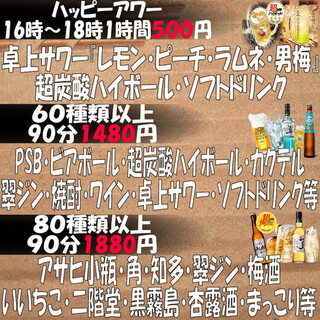 快樂時間16:00~18:00暢飲60分鐘500日元