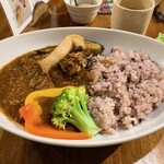 繭蔵 - スパイシーカレープレート　ローストオニオンの甘味がメインのやさしいカレーでした。ライスは五穀米、玄米、白米から五穀米を。