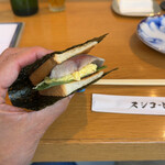 スシコーヒー - しめ鯖サンド 海苔、トースト、〆鯖、たくあんマヨネーズ、大葉     当店のスペシャリテ