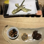 Kazeto Sora - 山菜の天ぷら、豆の煮物、アンチョビ、蛍烏賊の生姜煮