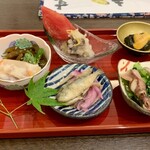 Washoku Sai Nanten - 小鯵の南蛮漬け、かぶらずし、海鼠、ホタルイカ、雲丹と海苔佃煮