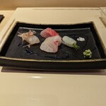 鮨 なかや - お造り1　 真鯛の昆布締め・金目鯛・縞鯵・平目