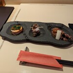 鮨 なかや - 先付け　あん肝・磯つぶ貝・蛍烏賊