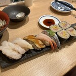 Sushi Sake Sakana Sugi Tama - トロたく巻き，穴子，甘エビ，鯵？，つぶ貝，エビ